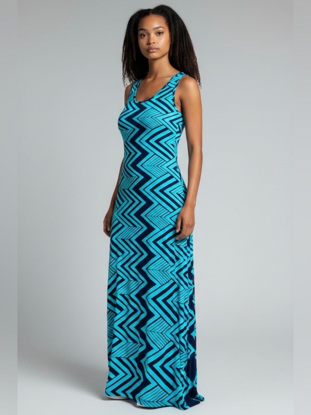Lbisse Womens Size Large Blue Geometric Chevron Sleeveless Maxi Dress, NEW